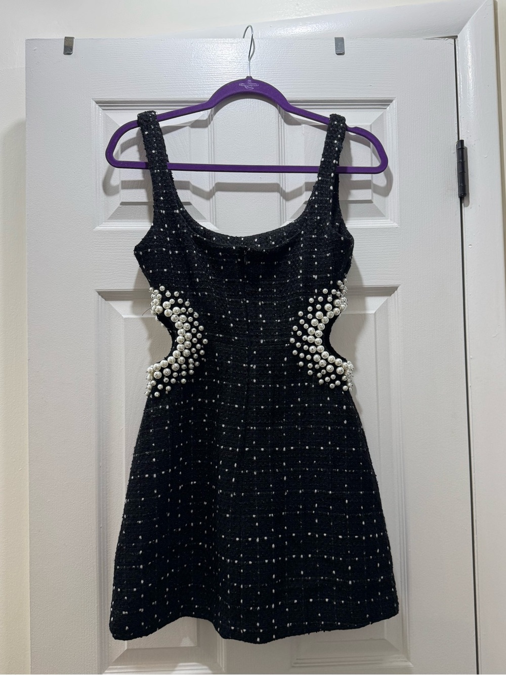 Zara Black Pearl-Embellished Tweed Mini Dress